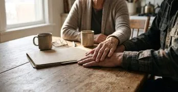 An older couple's hands resting together on a kitchen table beside a closed folder and two coffee mugs