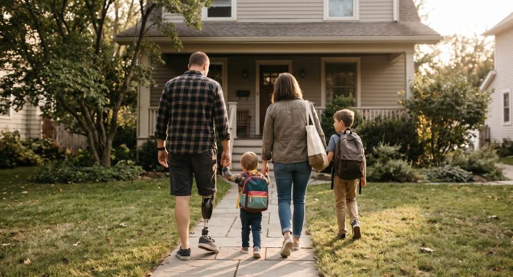 A father with a prosthetic leg walking up the front path to his house with his wife and two children