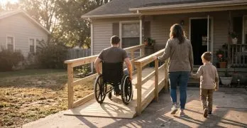 A man in a wheelchair going up a new wooden ramp to his front porch as his wife and son walk beside him
