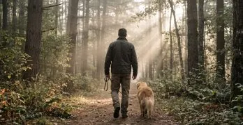 A man walking a golden retriever along a misty wooded trail at sunrise, seen from behind